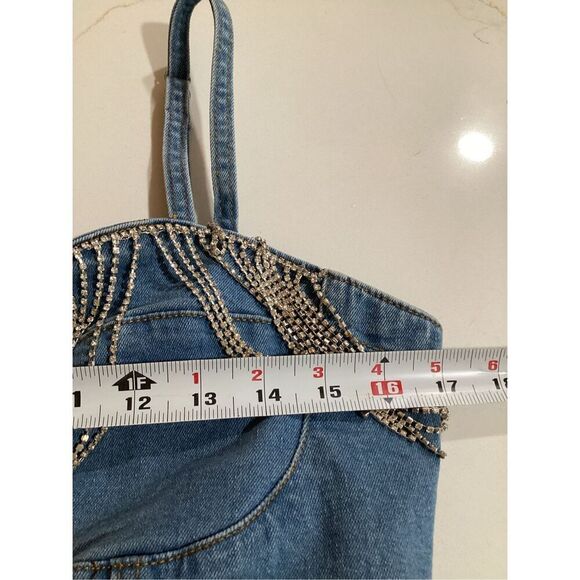Savanna Jane Emma Denim Cropped Corset Sz M Rhinestone Fringe - Picture 6 of 8
